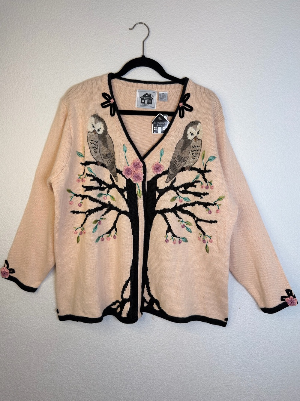 Storybook Knits 2X Tree of Wisdom Owl Cardigan Sweater Floral Artsy NWT